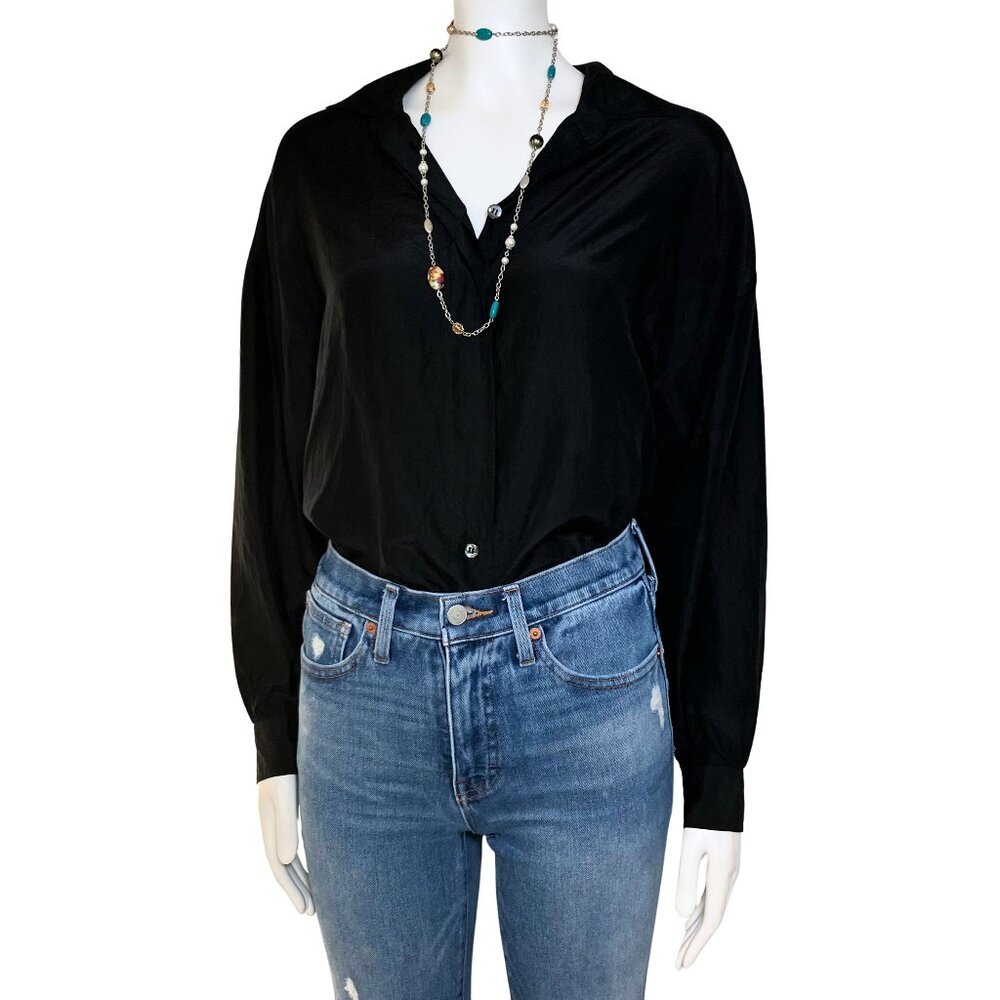 Vintage 90s 100% Silk Express Black Button Down Blouse. XS. Retro Shoulder Pads